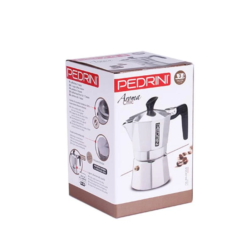 Cafetera Pedrini 9083-3 – cafetera de aluminio pulido, 3 tazas, plata y negro