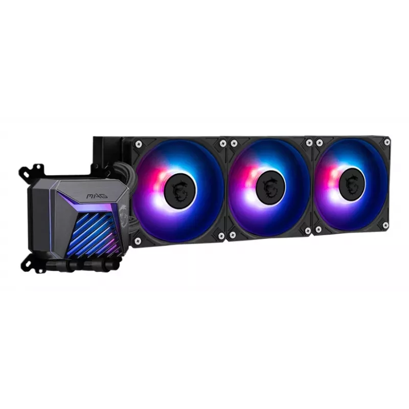 Refrigeración líquida todo en uno MSI MAG Coreliquid A15 360 — 3 ventiladores de 120 mm, radiador 394 x 120 x 27 mm, bomba 5V, RGB, compatible con LGA 1851
