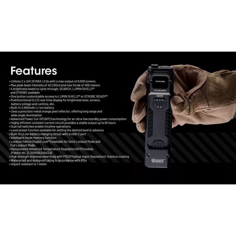 Linterna de mano Nitecore EDC29 carcasa de acero inoxidable, 2 LED, 15–6500 lm, IP54, recargable por USB