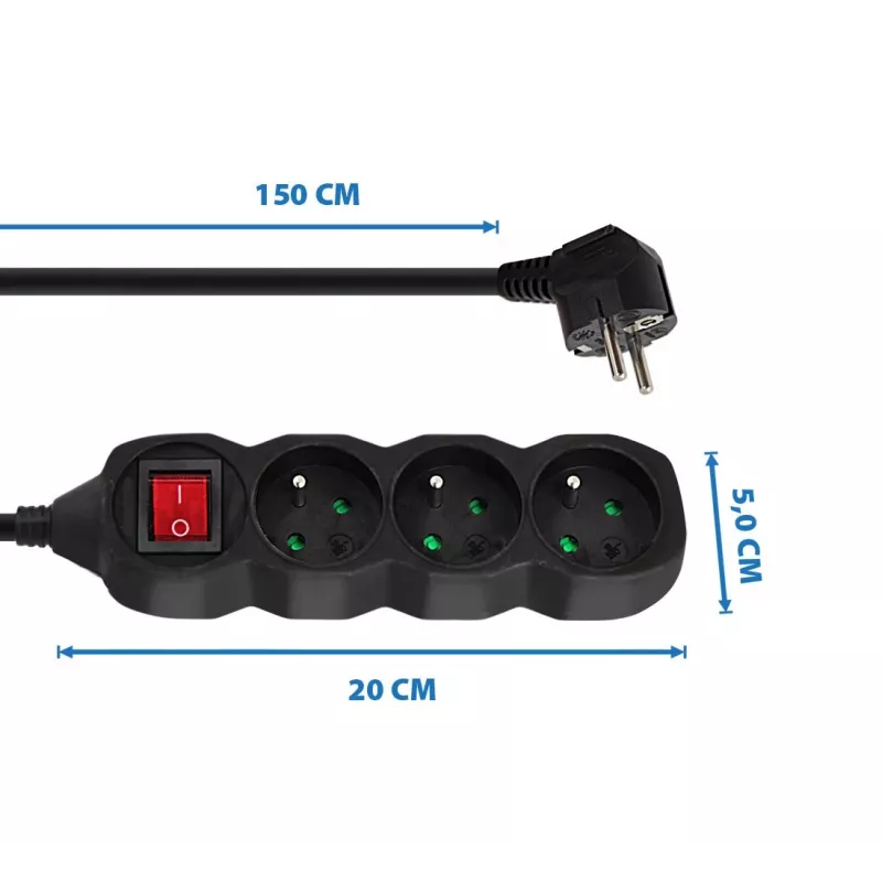 Alargador ESPERANZA ELK210K — cable 1,5 m, 3 tomas de corriente tipo E, conector en ángulo, interior, negro