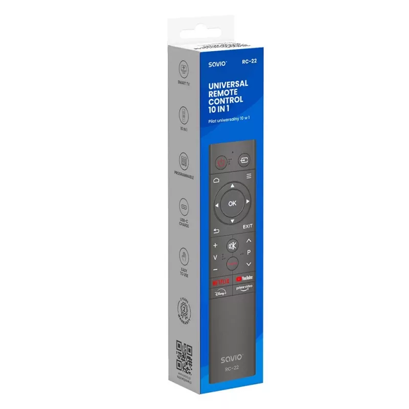 Mando a distancia para TV SAVIO RC-22 — IR, inalámbrico, universal, 20 botones, alcance 10 m, USB‑C, negro