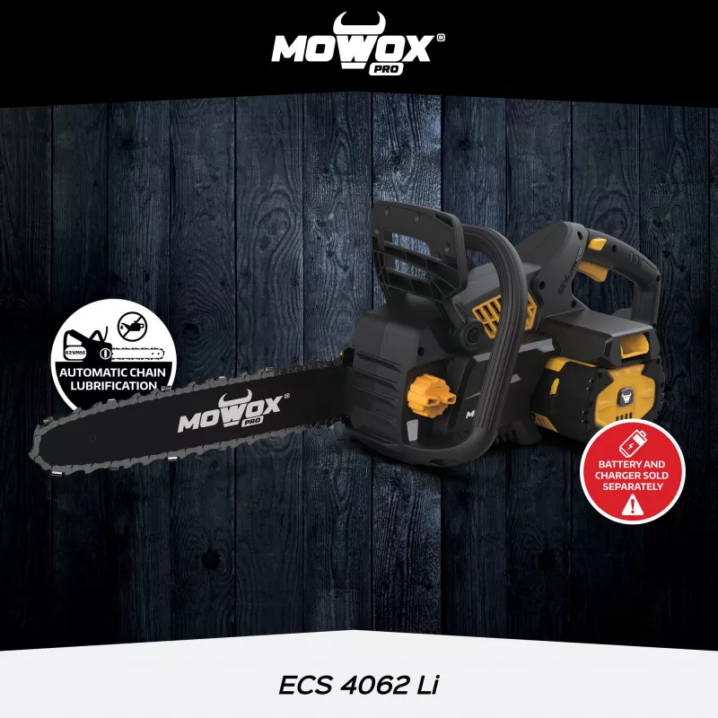 Motosierra de batería MoWox ECS 4062 Li — 62 V iones de litio, tensado de cadena sin herramientas (solo carcasa, sin batería/cargador)