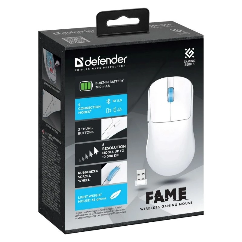 Ratón INALÁMBRICO DEFENDER FAME GM-516 RF+BT 10000DPI 6P blanco