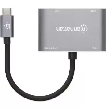 Manhattan Dock/Hub USB-C, puertos (x4): HDMI, USB-A, USB-C y VGA, con Power Delivery (PD) 87W – se requiere cargador USB-C externo (no incluido). Alimentado por USB (no requiere fuente de alimentación externa) cuando no se utiliza PD, aluminio