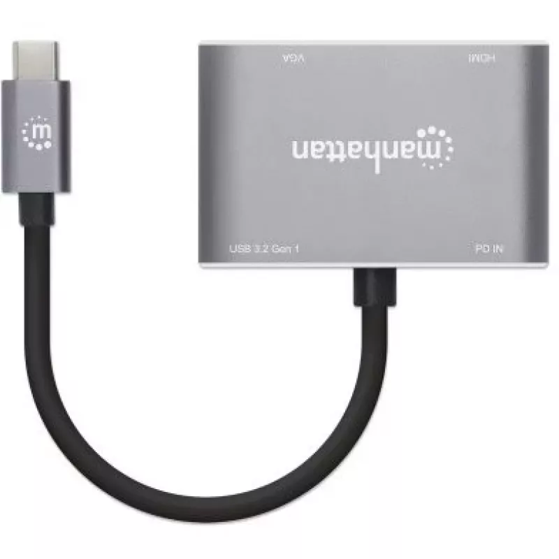 Manhattan Dock/Hub USB-C, puertos (x4): HDMI, USB-A, USB-C y VGA, con Power Delivery (PD) 87W – se requiere cargador USB-C externo (no incluido). Alimentado por USB (no requiere fuente de alimentación externa) cuando no se utiliza PD, aluminio