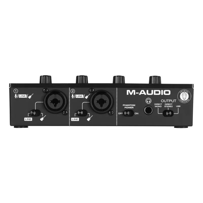 Interfaz de audio M-Audio M-Track Duo — USB 2-in/2-out, 16-bit/48 kHz, 1x XLR/TS combo, 1x entrada de instrumento, alimentación fantasma 48V