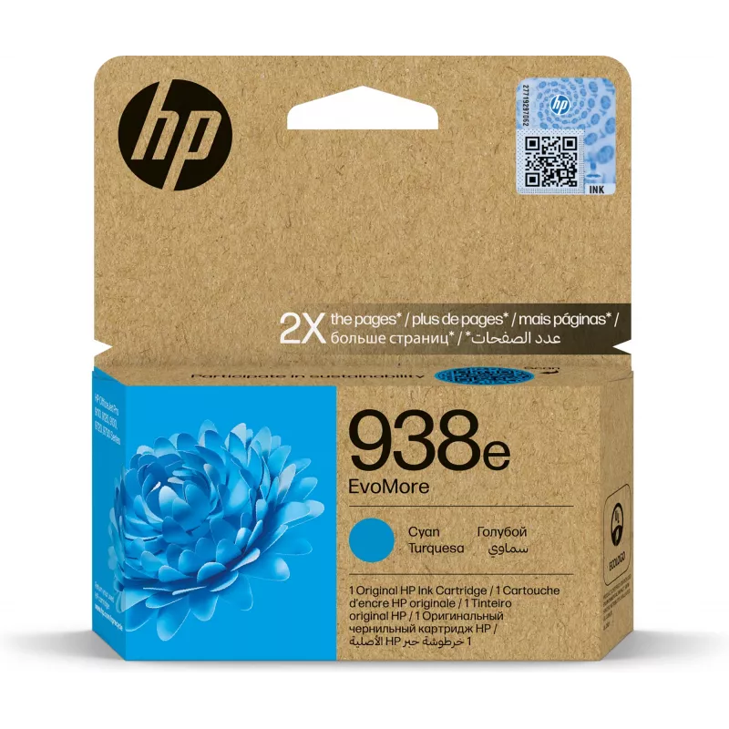 Cartucho de tinta HP 938e EvoMore cian – rendimiento estándar, envase individual, aprox. 1650 páginas