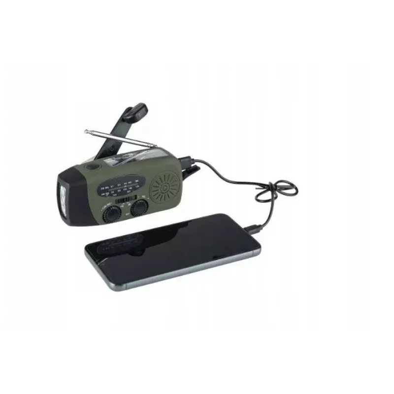 Radio de emergencia FOSCO 464600 con linterna LED, powerbank, FM, IPX3, carga solar/manivela/USB-C — verde/negro