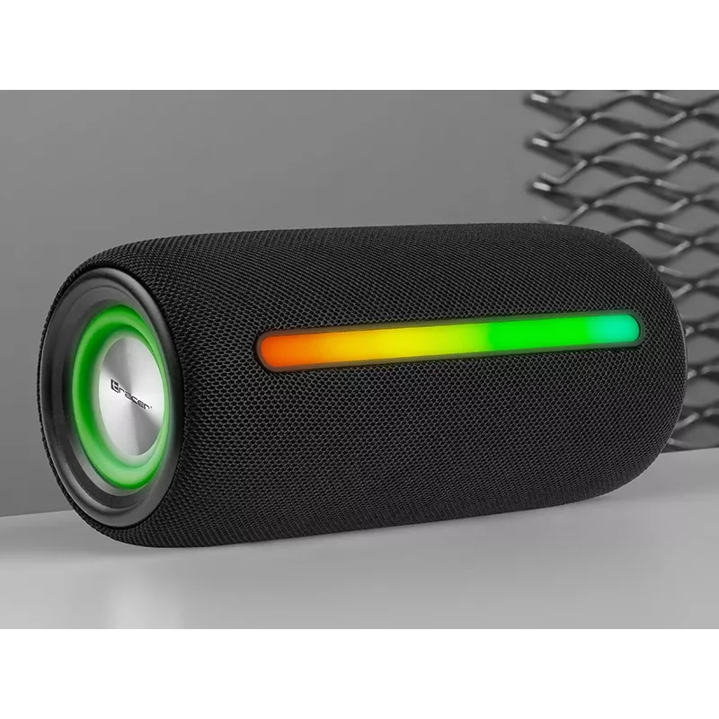 Altavoz portátil estéreo TRACER Stripe negro — 10 W RMS, Bluetooth/cableado, USB-A y USB-C, MicroSD, batería integrada (hasta 5 h)