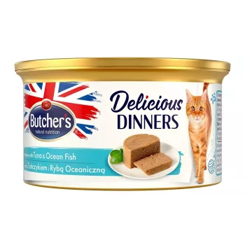 Comida húmeda para gatos butcher's Delicious Dinners mousse con atún y pescado de mar, lata 85 g, adulto, sin azúcar ni gluten