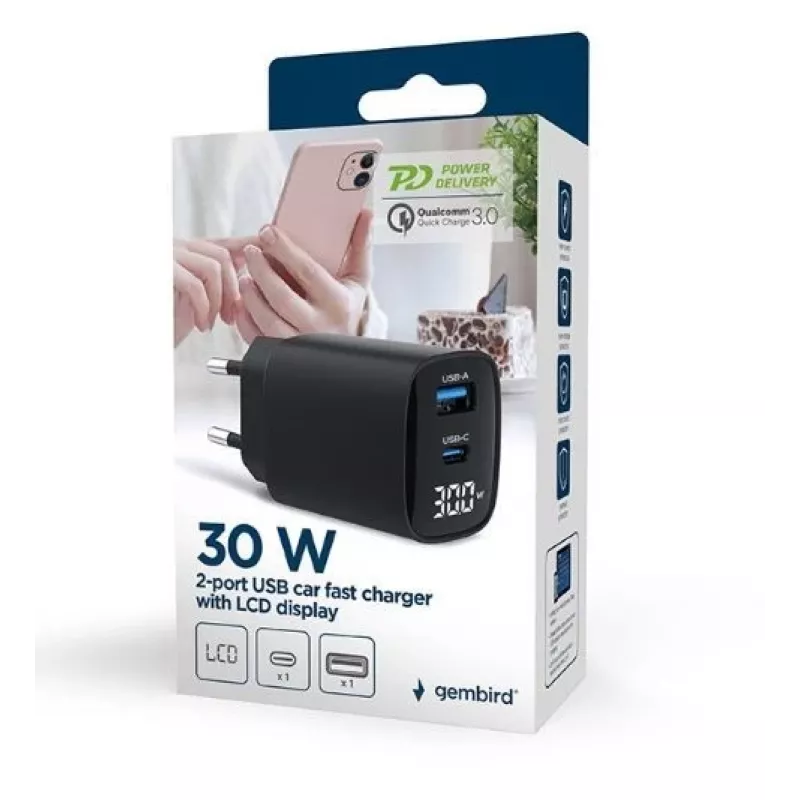 Cargador portátil Gembird TA-UC-PDQC30LCD-BK-01 carga rápida negro