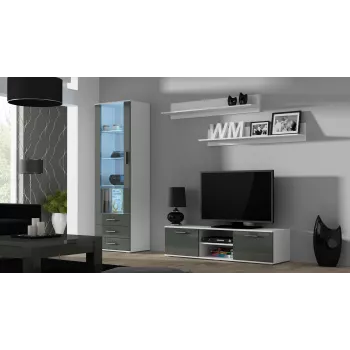 Soporte de TV cama meble SOHO 140 — 1400×430×370 mm, parte superior blanca, tablero de partículas, marco blanco, blanco/gris brillante