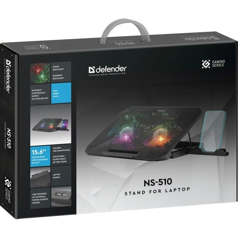 Base refrigeradora para portátil DEFENDER NS-510 con 2 ventiladores, 2 puertos USB e iluminación RGB