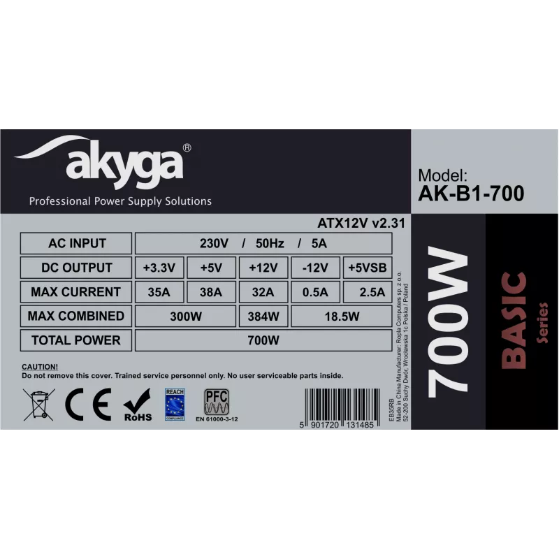 Fuente de alimentación ATX Akyga AK-B1-700 Basic 700 W, PFC pasivo, ventilador de 120 mm, gris