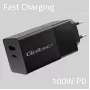 Qoltec 52382 Cargador GaN POWER PRO | 1xUSB Type C | 1xUSB A | 100W | 5-20V | 1.5-5A | PD | negro