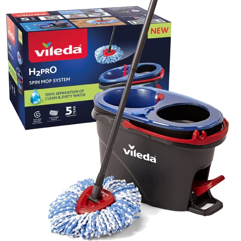 Vileda H2PrO Spin Mop set, fregona rotativa con sistema de dos depósitos y mango telescópico, microfibra, negro/rojo/azul
