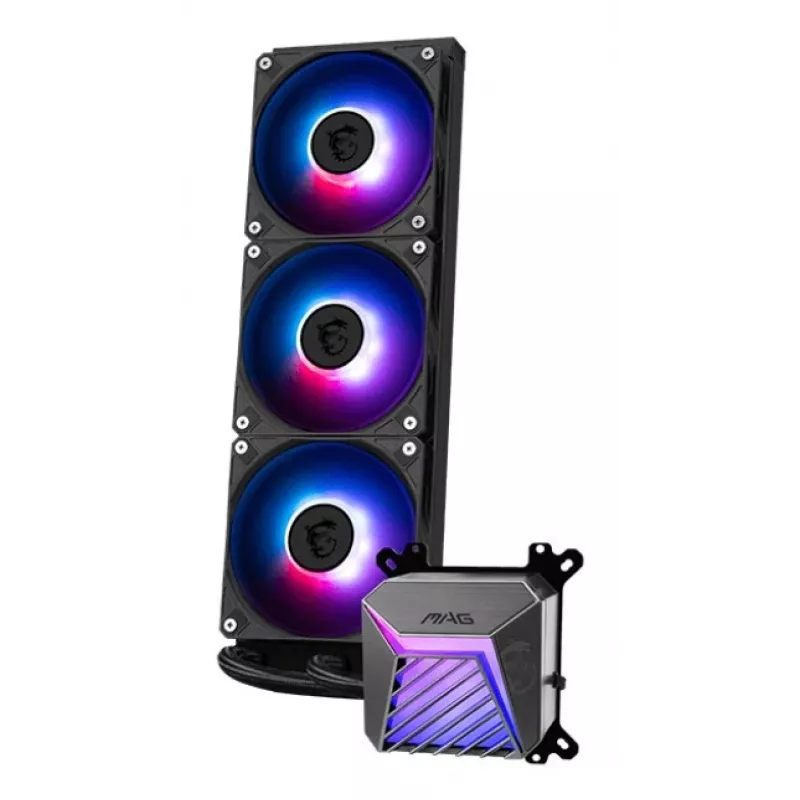 Refrigeración líquida todo en uno MSI MAG Coreliquid A15 360 — 3 ventiladores de 120 mm, radiador 394 x 120 x 27 mm, bomba 5V, RGB, compatible con LGA 1851