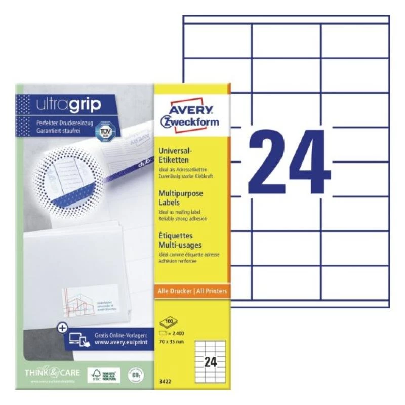 Etiquetas universales 70x35mm InkjetLaserCopy A4 100 hojas 2400 uds. Blanco