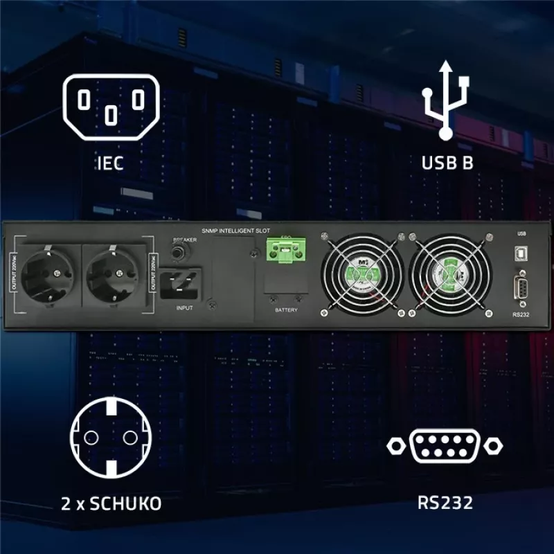 SAI Qoltec AWARYJNY DO RACK 3KVA 3000W factor de potencia 1.0 LCD EPO USB online (3VA, 3000W, SAI online de doble conversión), SAI