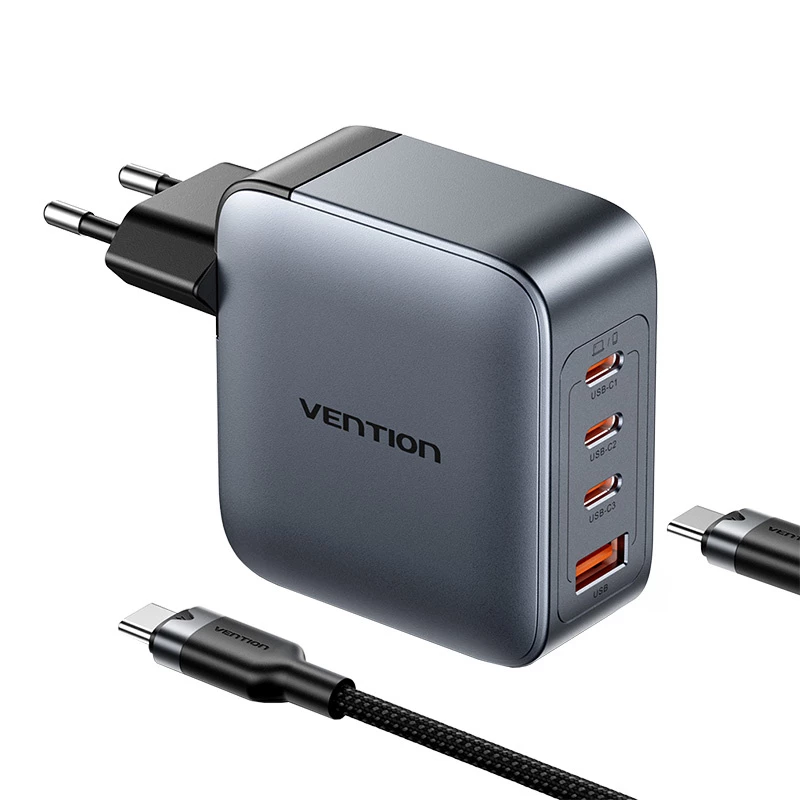 Vention TZ-FETH0-EU cargador GaN de 100 W, 3x USB-C + 1x USB-A, con cable USB-C a USB-C de 1 m