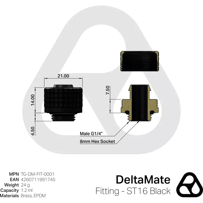 Thermal Grizzly DeltaMate ST16 Conector de refrigeración líquida, Negro