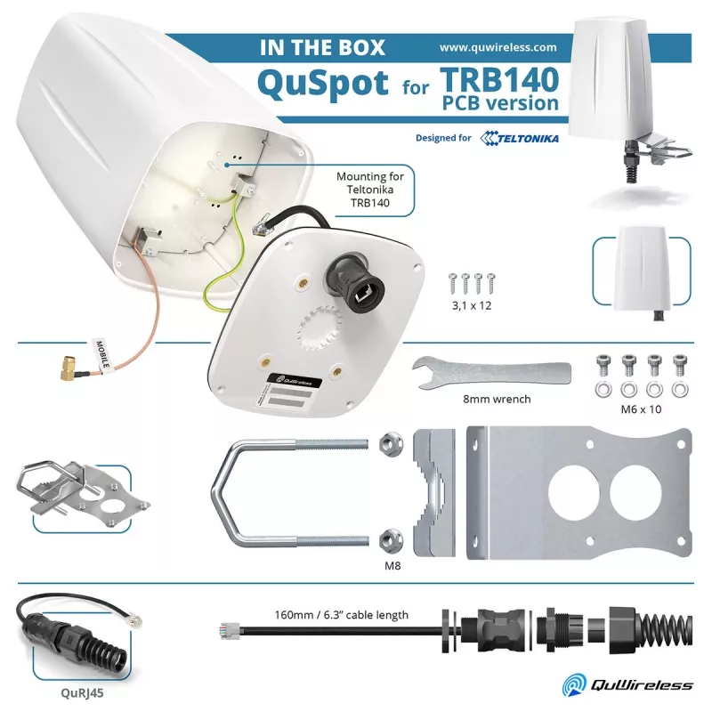 QuWireless QuSpot A140S-A antena LTE omnidireccional para Teltonika TRB140, PoE/LAN, 4 dBi, IP67, blanca