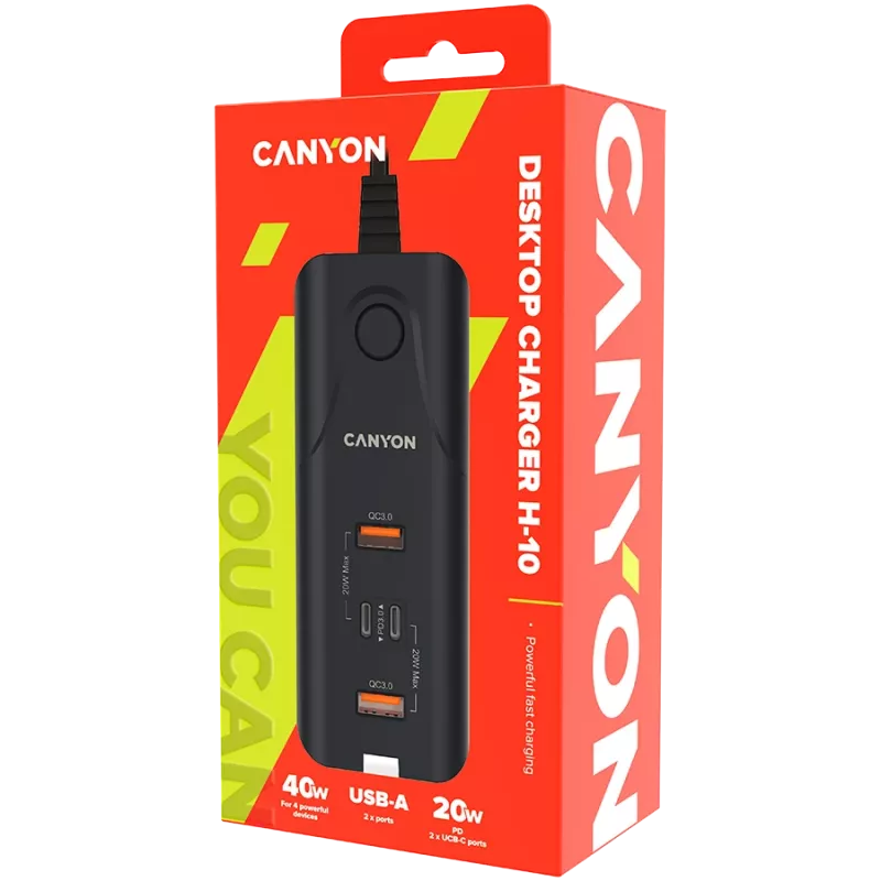 CANYON Cargador H-10 PD 20W QC 3.0 18W 2USB-A 2USB-C sobremesa Negro