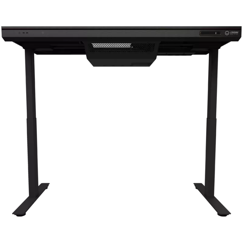 Mesa gaming de altura ajustable con doble motor, función sentado/de pie, caja de PC integrada, cargador inalámbrico, iluminación RGB, panel de control y puertos USB, tablero de vidrio templado, negro.