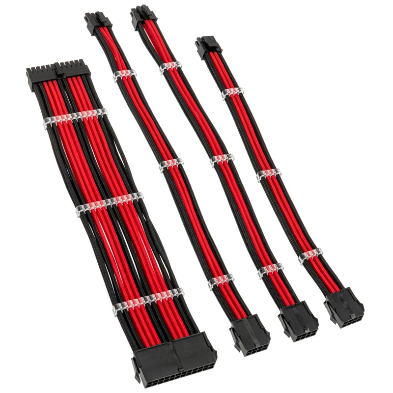 Kit de extensión de cables trenzados Kolink Core Standard – negro intenso / rojo racing, 24 pines + 8 pines + 6+2 pines + SATA