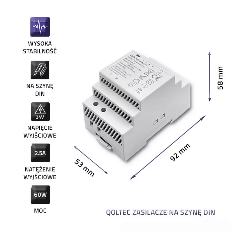 Fuente de alimentación para carril DIN QOLTEC 24V 2.5A 60W gris