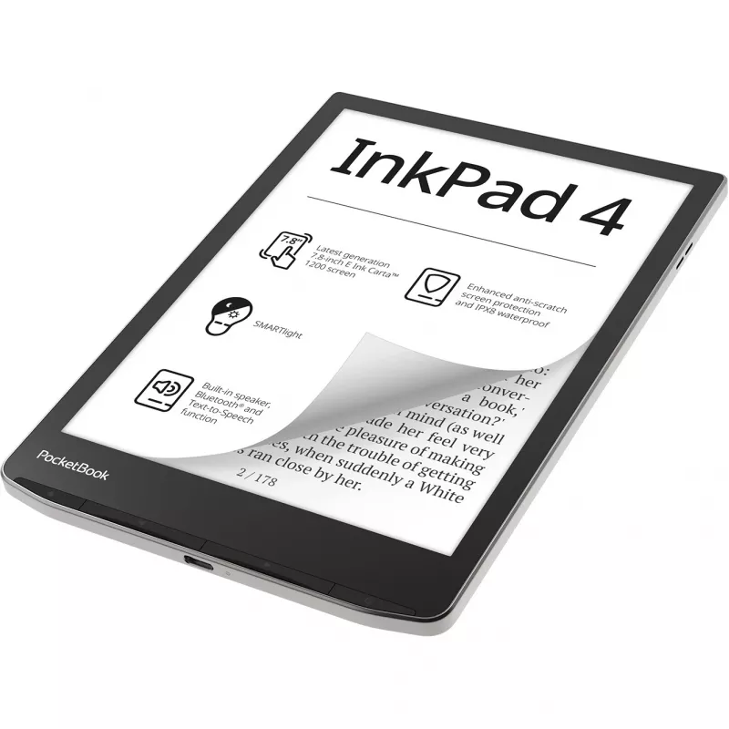 PocketBook InkPad 4 - 19,8 cm (7.8) - E Ink Carta - 1404 x 1872 Píxeles - ACSM - AZW - AZW3 - CBR - CBZ - CHM - DOC - DOCX - DjVu - EPUB - EPUB DRM - FB2 - FB2.ZIP - HTM - HTML - MOB