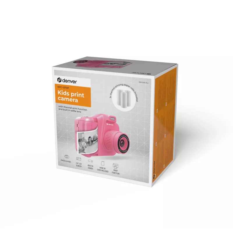 Denver KPC-1370P cámara digital infantil con impresora térmica, LCD de 2,8 pulgadas, 48 MP, vídeo 1440p, rosa