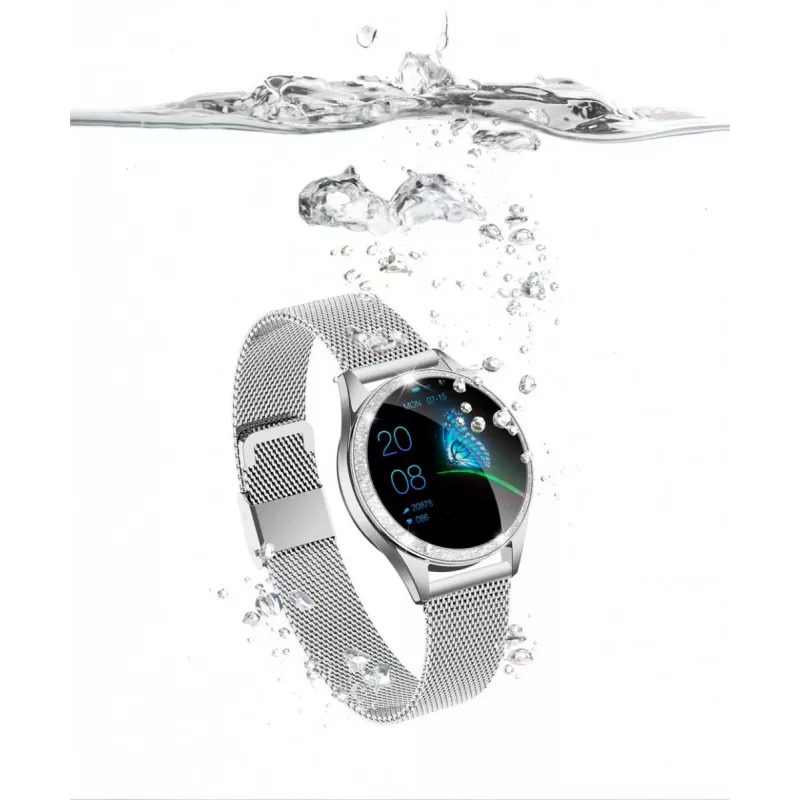 Smartwatch ORO-MED ORO-SMART CRYSTAL SILVER — caja redonda de metal, LCD 240 × 198, pantalla de 1,04 pulgadas, Bluetooth 4.0, sumergible, batería de 120 mAh