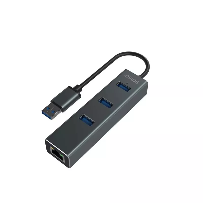 Hub USB-A SAVIO con RJ-45 Gigabit Ethernet AK-57 — 3× USB-A + RJ-45, host USB 3.2 Gen 1 Micro‑B, 5 Gbit/s, 4 puertos, gris