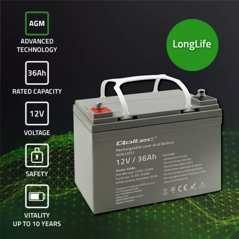 Batería SAI AGM sellada QOLTEC 53084 12V 36Ah LongLife