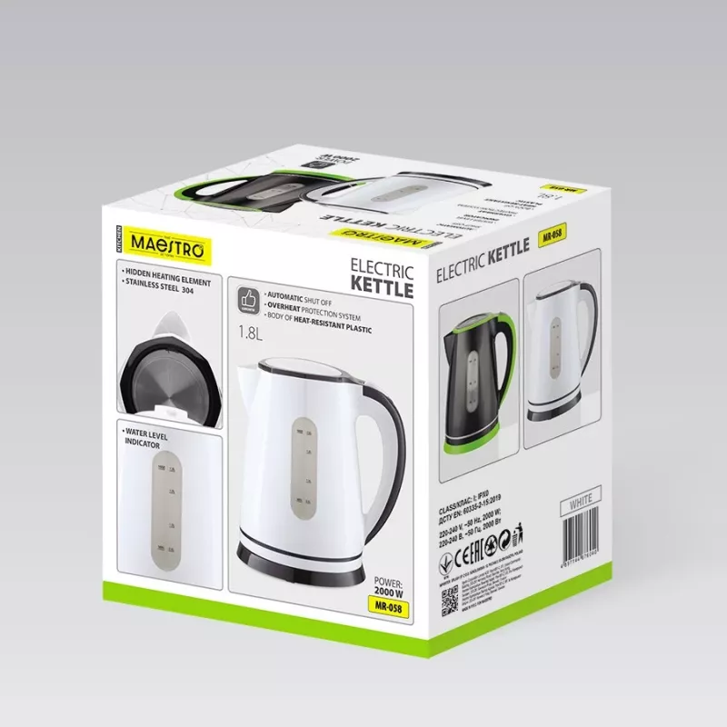 Hervidor de agua eléctrico Maestro MR-058-WHITE 1,8 L, 2000 W, inalámbrico, filtro extraíble