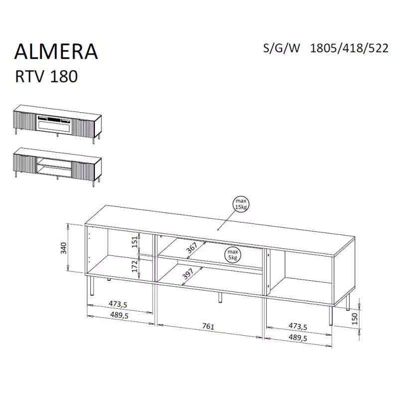 Mueble TV Cama ALMERA 180,5×42×52,5 cm nogal/cashmere – superficie de aglomerado, marco nogal