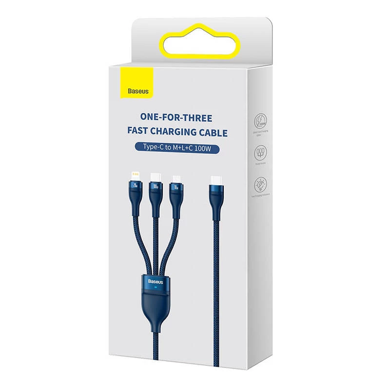 Cable USB 3 en 1 Baseus Flash Series 2, USB-C + Micro-USB + Lightning, 100 W, 1,5 m (azul)