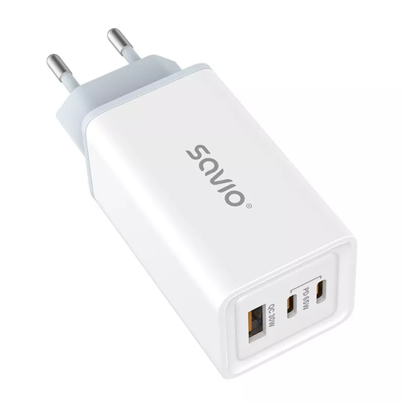 SAVIO LA-07 Fuente de alimentación GaN 65W, USB, QC4.0+, PD 3.0, Blanca