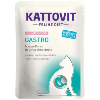 KATTOVIT gastro pienso seco veterinario para gatos 85 g — arroz y salmón, adulto, sin gluten, 8% proteína