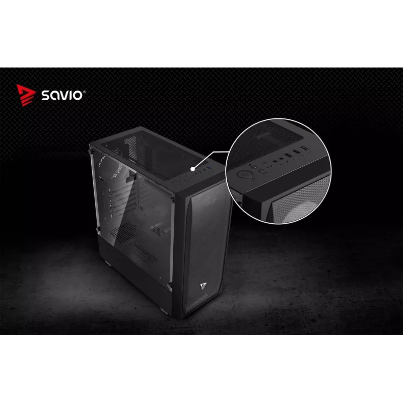 Caja de PC SAVIO Noctis Flow — Cube Mini-ITX/Micro-ATX/ATX, 3x120mm frontal, 1x120mm trasero, 2 bahías de 3,5 pulgadas + 3 de 2,5 pulgadas, cristal templado