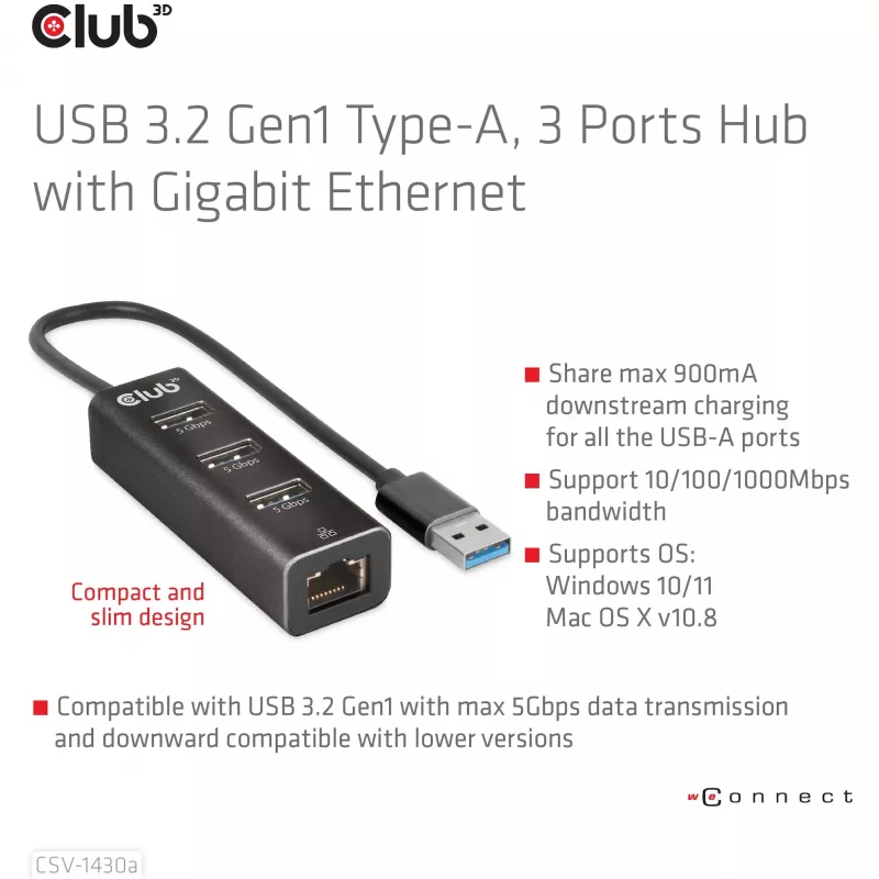 Hub USB CLUB3D USB 3.2 Gen1 Type-A con 3 puertos y Gigabit Ethernet