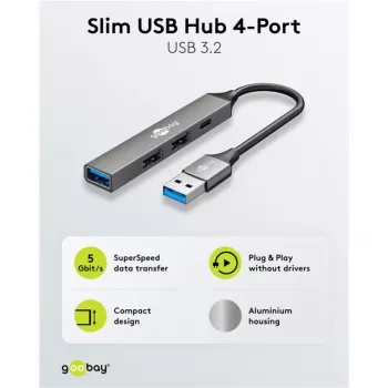 Hub USB Goobay Slim de 4 puertos, USB-A a USB-C™/USB-A, USB 3.2 (74458)