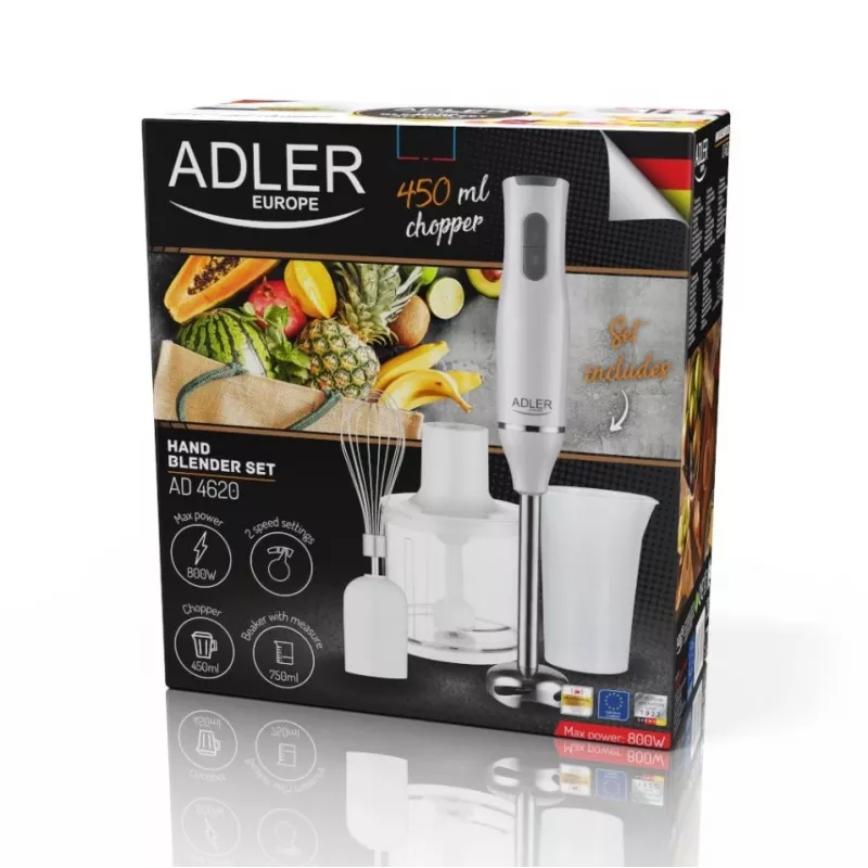 Adler AD 4620 set de batidora de mano, 800 W, 2 velocidades, picadora de 450 ml, vaso de 750 ml, varillas, blanco