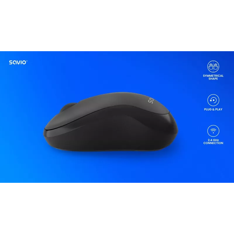 Savio MB-03 ratón óptico inalámbrico, receptor USB de 2,4 GHz, 1000 DPI, 3 botones, pila AA, 99x60x39 mm, 51 g, negro