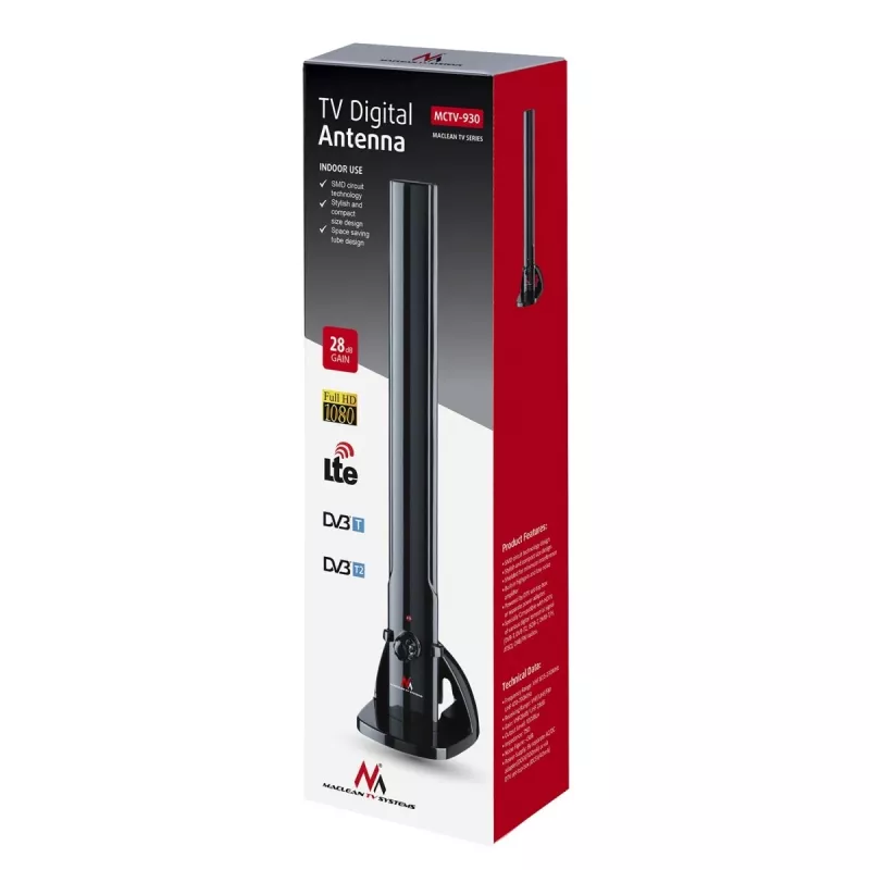 Maclean MCTV-930 antena de TV activa de interior, DVB-T/T2, VHF/UHF/FM, filtro LTE, 28 dB, conector F, negra