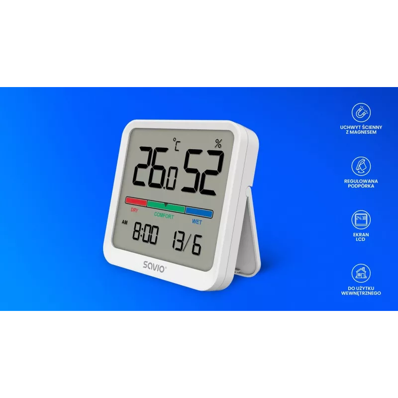 Sensor de temperatura y humedad interior SAVIO CT-01/W, pantalla LCD, -10–55 °C, 10–99 % HR, pila CR2032