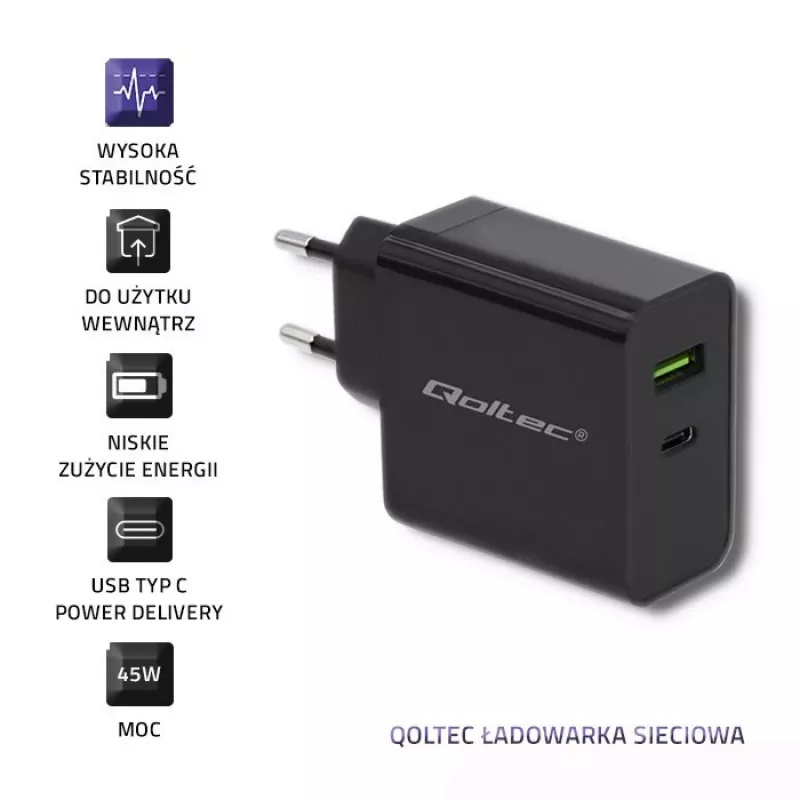 Fuente de alimentación QOLTEC 51717 45W 20V 3A cargador AC de interior para smartwatch, negro