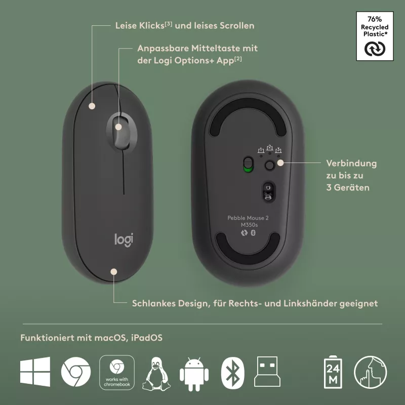 Logitech Pebble 2 Combo teclado y ratón inalámbricos QWERTZ alemán grafito