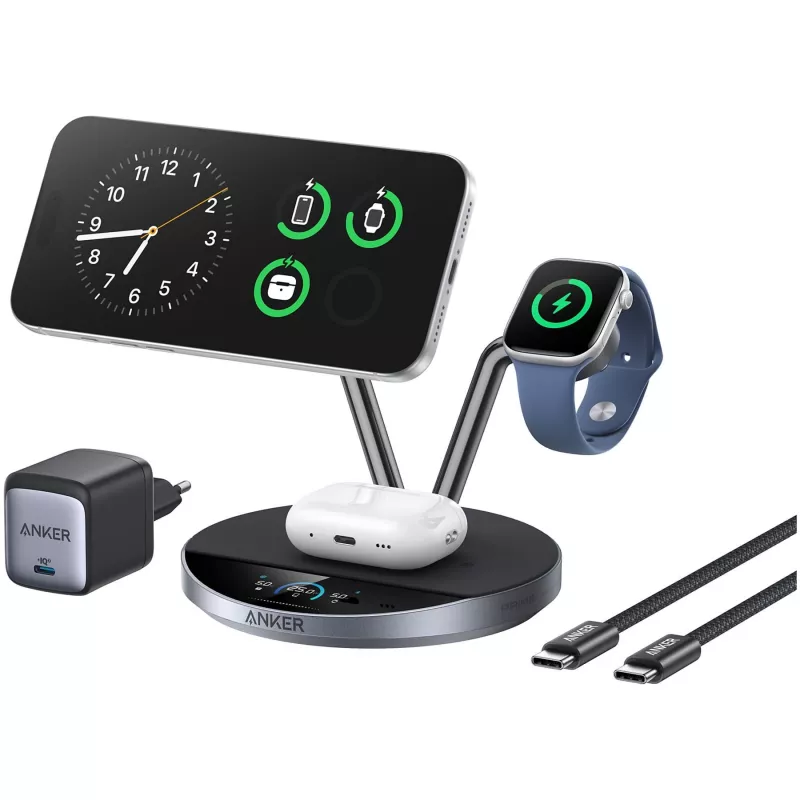 Anker Prime estación de carga inalámbrica Qi2.2 25W carga inalámbrica (3 en 1, MagGo, AirCool, soporte dock) incl. fuente de alimentación